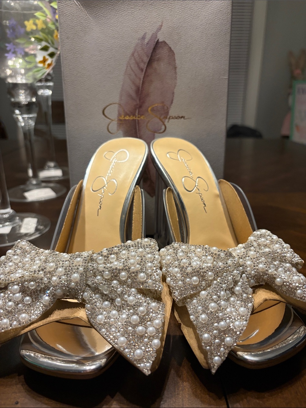 Jessica Simpson Pearl Bow Slide Mules in Champagne